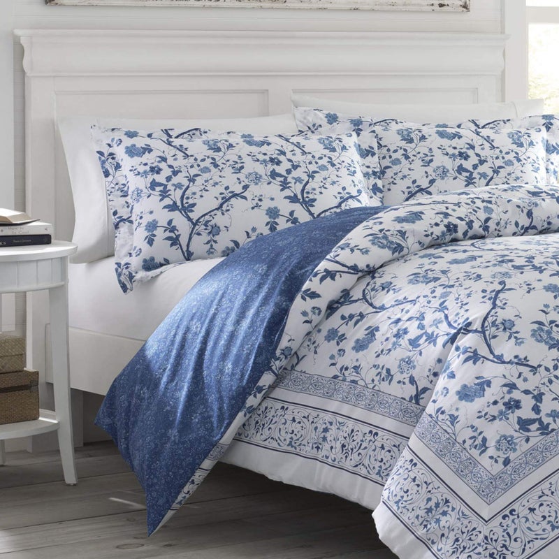 Laura Ashley - Queen Comforter Set, Soft & Reversible Cotton Bed Set, 4 Piece Floral Bedding with Matching Pillowcases & Bonus Bed Skirt (Charlotte Blue) - Image 5